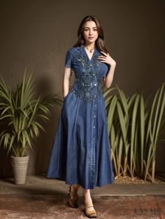 Lasaky - Vintage Embroidered Denim Maxi Dress with Open Collar and Cinched Waist Cardigan Skirt, Dress With Shawl, Flounce Skirt, Denim Maxi Dress, Denim Maxi, Square Neck Dress, Style Cardigan, Embroidered Denim, 80 Dress