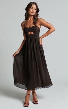 Get ready to turn heads in the stunning Ezri Midi Dress. This chocolate brown A-line dress features a flattering sweetheart neckline, sleeveless design, and intricate strappy cut-out details that add a touch of elegance. The pleated plisse fabric gives this dress a playful texture while still maintaining its sophisticated appeal. Made from high-quality polyester, this midi dress is not only comfortable to wear but also easy to care for. Whether you're attending a cocktail party or a special occa Plisse Fabric, Ankle Dress, Cocktail Party Dresses, Line Dress, Prom Dresses Long, Cocktail Dress Party, Dresses Long, Party Dresses, Chocolate Brown