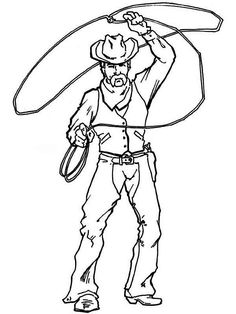 a drawing of a cowboy holding a lasso over his head and looking down at the ground