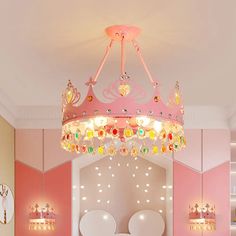 Modern Metal Crown Chandelier - 5-Light Pink/Gold Nursery Hanging Light Fixture Pink Pink Gold Nursery, Apartment Details, Gold Hanging Lights, Gold Nursery, Contemporary Ceiling Light, Gold Color Palettes, Lustre Design, Metal Crown, Crystal Pendant Lighting