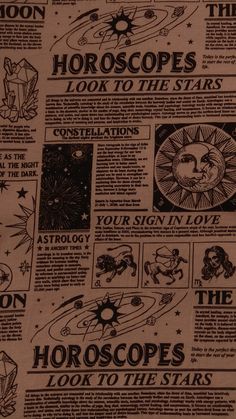 an old newspaper with astro signs and zodiacs on it's front page, as well as the words horoscopes look to the stars