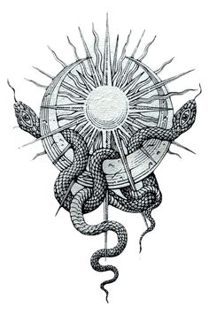 a black and white drawing of a sun surrounded by snakes