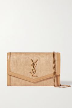 SAINT LAURENT Uptown leather-trimmed raffia shoulder bag | NET-A-PORTER Hand Bags For Women, Holiday Bag, Saint Laurent Bag, Purses Designer, Cute Bags, Womens Purses, Perfect Bag, Mr Porter, Bago