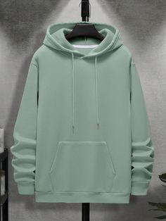 Mint Green Casual Collar Long Sleeve Fabric Plain Pullovers Embellished Slight Stretch Fall/Winter Men Clothing Drop Shoulder Hoodie, Hoodie Mockup, Man Clothes, Hoodie Streetwear, Men Hoodies, Lined Hoodie, Cool Outfit, Drawstring Hoodie, Pullover Men