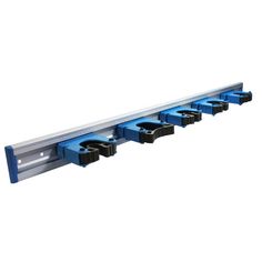 an image of a metal shelf with blue and black drawers on it's sides