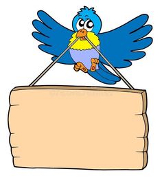 cartoon blue bird holding a blank sign stock photo