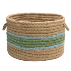 a large round rope basket with multi colored stripes on the bottom and one blue stripe at the top