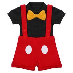 a black shirt and red shorts with a yellow bow tie on the chest is paired with an orange suspender