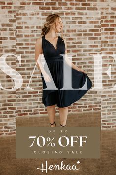 A woman wearing a black Henkaa convertible dress stands in front of a brick wall, holding the sides of her dress as she poses. The large text overlay reads ‘SALE,’ and below, in smaller text, it says ‘Up to 70% Off – Closing Sale.’ The Henkaa logo is displayed at the bottom of the image. Eggplant Purple, Bandeau Dress