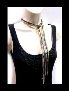 Scarf Necklace, Long black, silver and gold chains, Layering necklace, wrap style necklace 1920's flapper girl style Coachella Jewelry, 1920s Flapper Girl, 1920's Flapper, Boho Men, Multi Chain Necklace, Flapper Girl, Scarf Necklace, 1920s Flapper, Wide Bracelet