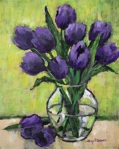 a painting of purple flowers in a glass vase