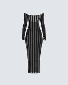 This dress is the epitome of sass, and style 🖤 With its velvety and sheer stripes, off-shoulder allure, sexy back slit, long sleeves, and a fit that hugs your curves... it is the perfect recipe for a timeless, and flattering fit 💋 Pinterest Clothing Stores, Aries Clothing Style, Long Black Dress Classy, Dresses Going Out, Pisces Dress To Impress, Baddie Winter Birthday Outfit, Black Maxi Dress With Cardigan, Night Out Looks Clubwear, Latina Goth Fashion