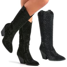 Step Out In These Eye Catching Sparkly Rhinestone Cowboy Boots New In Box Faux Leatherette Material Rhinestone Encrusted Uppers Lightly Padded Insole Side Zipper For Easy Shoe Removal Heel Height: 3 In. Fitting: True To Size. Regular Fit. Black Rhinestone Cowboy Boots, Trendy Rhinestone Boots For Night Out, Black Boots With Rhinestone Rivets For Winter, Black Winter Boots With Rhinestone Rivets, Winter Boots With Rhinestone Fringe, Black Boots With Rhinestone Fringe For Party, Black Rhinestone Fringe Boots For Party, Black Rhinestone Boots With Round Toe, Black Western Boots With Rhinestone Rivets