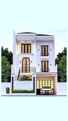 a white car parked in front of a two story house with balconies on the second floor