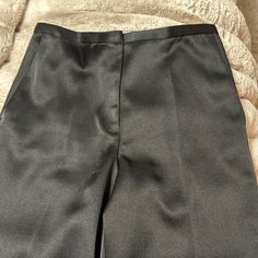 Excellent Condition Chic Black Semi-formal Pants, Sleek Tailored Dress Pants For Party, Evening Satin Straight Leg Bottoms, Sleek Satin Party Pants, Chic Fitted Silk Dress Pants, Silk High-waisted Pants For Party, Sleek Fitted Dress Pants For Party, Fitted Satin Bottoms For Night Out, Sleek Straight Dress Pants For Party