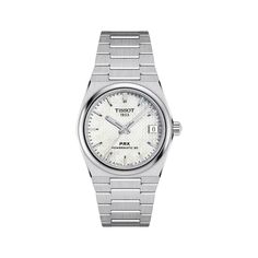 With its evocative and slim styling, the reimagined Tissot PRX Powermatic 80 is an automatic watch for those with a passion for design and an eye for ingenuity. The 35mm tonneau-shaped brushed stainless steel case has a white patterned dial and exhibition case backFeatures include a date display, Superluminova® details and scratch-resistant sapphire crystal with anti-reflective coatingThe Powermatic 80 movement features a patented Nivachron balance spring and has a power reserve of 80 hoursWrist movement enables the mechanism to runThe brushed stainless steel bracelet secures with a push-button butterfly claspWater-resistant to 100 meters Timeless White Gold Watch With Analog Display, Timeless White Gold Analog Watch, Timeless White Gold Watches With Date Indicator, Modern White Gold Watch With Date Indicator, Tissot Prx Powermatic 80, Button Butterfly, Tissot Watches, Unisex Watches, Brushed Stainless Steel