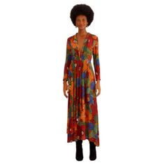 The Perfect Fall Dress! Gorgeous Print. Pairs Well With A Tall Black Boot. Think Wedding, Thanksgiving Festivities, A Day At The Races Fall Floral Print Orange Maxi Dress, Orange Midi Dress For Fall, Orange A-line Dress For Fall, Fall Season Orange A-line Dress, Fall Orange V-neck Midi Dress, Fitted Orange Maxi Dress For Fall, Black Boots Tall, Farm Rio, Fall Dresses