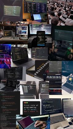 many computer screens and laptops are arranged in a collage with multiple images on them