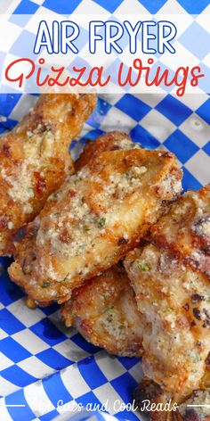 air fryer pizza wings on a blue and white checkered plate with text overlay