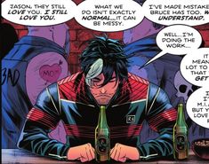 a comic character sitting at a table with two bottles of beer in front of him