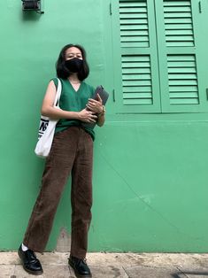 Dark Green Sweater Vest, Dark Green Vest Outfit, Green Aesthetic Sweater, Dark Green Corduroy Pants Outfit, Dark Brown Corduroy Pants Outfit, Brown Corduroy Outfit, Green Sweater Vest Outfit, Oxford Doc Martens Outfit, Brown Oxfords Outfit