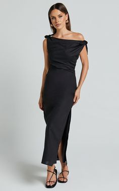 Cincinnati Midi Dress - Off The Shoulder Side Split Column Dress in Black Elegant Off-shoulder Maxi Dress With Side Slits, Chic Off-shoulder Dress With Asymmetrical Neckline For Gala, Chic Off Shoulder Dress With Asymmetrical Neckline For Gala, Chic Boat Neck Midi Dress For Party, Elegant Off-shoulder Midi Dress With Side Slits, Chic Dresses For Black-tie Events With Asymmetrical Neckline, Chic Dress With Asymmetrical Neckline For Black-tie Events, Chic Asymmetrical Neckline Dress For Black-tie Events, Chic Off-shoulder Dresses With Side Slits