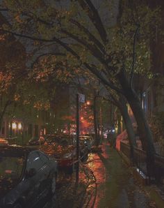 a city street at night with cars parked on the sidewalk and trees in the rain