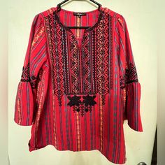 Like New- Never Worn! Fits Like A M/L Or Oversized For A Small Red Fall Tunic Top, Red Tunic Tops For Fall, Red Embroidered Long Sleeve Top For Fall, Red Long Sleeve Cotton Embroidered Top, Red Long Sleeve Blouse With Floral Embroidery, Fall Embroidered Red Blouse, Red Floral Embroidered Tunic Top, Red Folk Style Tops For Festive Occasion, Casual Tunic Blouse For Festive Occasions