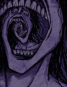 a drawing of a woman with her mouth open and teeth wide open in front of her face