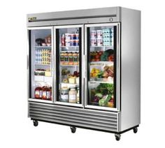 two glass door refrigerators with food and drinks on the doors, one is stainless steel