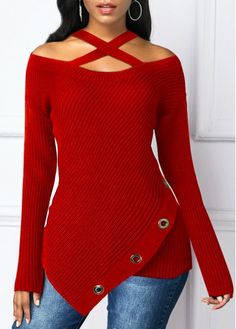 Red Christmas Asymmetric Hem Cold Shoulder Cross Strap Sweater Sweater Types, Ladies Sweaters, Fall Fashion Sweaters, Fall Sweaters For Women, Embellished Sweater, Tops Trendy, Apple Shape, Shoulder Sweaters, Trendy Tops For Women