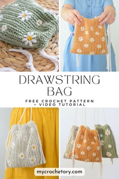 crochet drawstring bag free pattern and video instructions for beginners to make