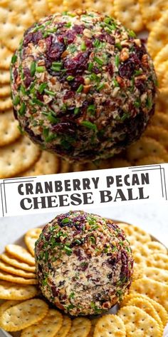 cranberry pecan cheese ball with crackers on the side and in front