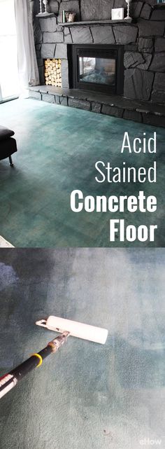 two pictures with the words acid stained concrete floor in white and black on them, one is