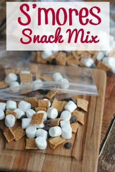 s'mores snack mix on a cutting board with the title overlaying it