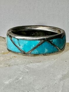 "Zuni ring Turquoise pinky band size 4.50 sterling silver women  Size  4.50  Weight 3.9g Width   1/4\" Free Shipping & Free/4 Postal Insurance  Delivered in a Gift Box  Free First Class shipping and postal insurance is included. If you want to upgrade to priority kindly pay an additional fee to do so.  This is recommended if you would like to have your package delivered faster than first class which has slowed down" Blue Sterling Silver Ring With Patina, Blue Sterling Silver Rings With Patina, Ring Turquoise, Turquoise Rings, Rings Statement, Statement Rings, 50 %, Jewelry Rings, Gift Box