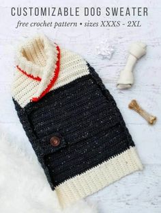 a crocheted dog sweater next to a bone