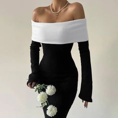 Black Long Sleeve White Contrasted Off Shoulder Maxi Dress : Size: S, M, l Off-shoulder Long Sleeve Maxi Dress Bodycon Mermaid Fit Contrast Color Mermaid Fit, Backless Long Dress, Bodycon Maxi Dress, Party Dress Long Sleeve, Bodycon Maxi Dresses, Dress Bodycon, Long Sleeve Maxi, Chic Sundress, Evening Attire