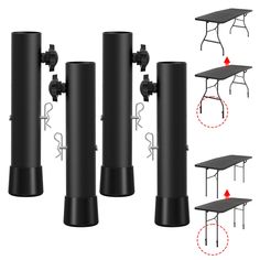 four different tables with black bases and red arrows pointing to them