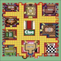 the clue board game is shown with several rooms and furniture in different colors, including yellow