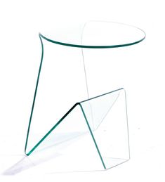 a glass table with a curved design on the top and bottom, against a white background