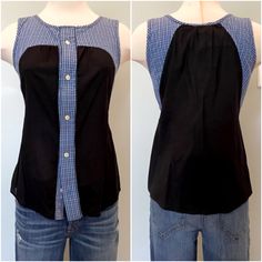 Adorable Sleeveless Top Made From Reclaimed Fabrics. From Eco-Conscious Canadian Brand Preloved, This Top Buttons Up The Front, But The Top Of Neckline Is Sewn (So It Pulls Over Head And Then Buttons Up - See Pic). Perfect For Summer With A Slight A-Line Cut In 100% Cotton Blue Mini-Plaid And Black. Bnwt. Never Worn. Underarm To Underarm Lying Flat = 17” Always Open To Reasonable Offers!! Fitted Sleeveless Top With Patchwork, Fitted Sleeveless Patchwork Top, Sleeveless Cotton Tank Top With Patchwork, Casual Patchwork Tank Top, Black Sleeveless Top With Patchwork, Black Sleeveless Patchwork Top, Eco Conscious, Recycled Fabric, Fabric Color