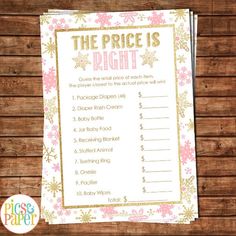 the price is right printable baby shower game with pink and gold snowflakes