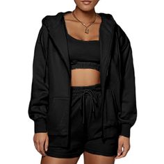 Black Zipper Flush Hoodie with Shorts Set Casual Black Hooded Jacket With Drawstring, Black Hooded Outerwear For Loungewear, Black Hoodie Sweats With Pockets, Black Hoodie With Pockets For Loungewear, Black Hooded Jacket With Drawstring, Spring Black Tracksuit For Loungewear, Black Hooded Hoodie For Leisure, Black Casual Hooded Tracksuit, Black Hooded Casual Tracksuit