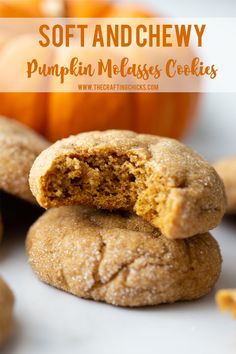 soft and chewy pumpkin molasss cookies are stacked on top of each other