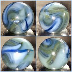 four pictures of marbles with blue and white swirl designs