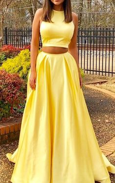 Cheap Prom Dresses Uk, Yellow Prom Dress, Two Piece Prom Dress, Yellow Evening Dresses, Yellow Prom, Two Piece Prom, High Neck Prom Dress, Prom Dresses Elegant, Cheap Party Dresses