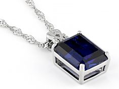 3.43ct Rectangular Lab Created Blue Sapphire Rhodium Over Sterling Silver Pendant with 18" Singapore Chain. Measures Approximately 0.60"L x 0.34"W. Lobster Claw Clasp. 2" Extender. 2.0mm Bail. Rectangular White Gold Sapphire Jewelry, Rectangular Lab-created Sapphire Fine Jewelry, Classic Rectangular Lab-created Sapphire Jewelry, Rectangular Sapphire Jewelry With Diamond Cut, Rectangular Diamond Cut Sapphire Jewelry, Silver Jewelry With Diamond Cut Lab-created Sapphire, Silver Diamond Cut Jewelry With Lab-created Sapphire, Silver Necklace With Prong-set Lab-created Sapphire, Silver Necklace With Lab-created Sapphire In Prong Setting