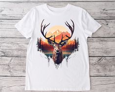 a white t - shirt with an image of a deer's head on it