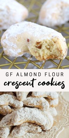 there are several different types of pastries on the rack with text overlay that reads gf almond flour crescent cookies